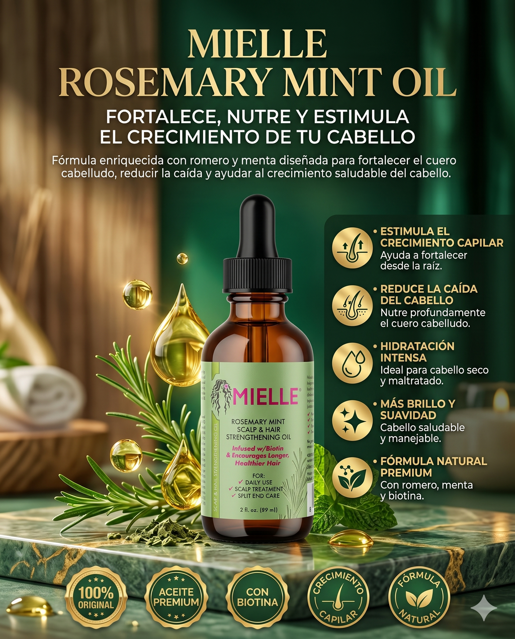 Mielle, Aceite para fortalecer el cuero cabelludo y el cabello, Romero y menta, 50 ml (2 oz. líq.)
