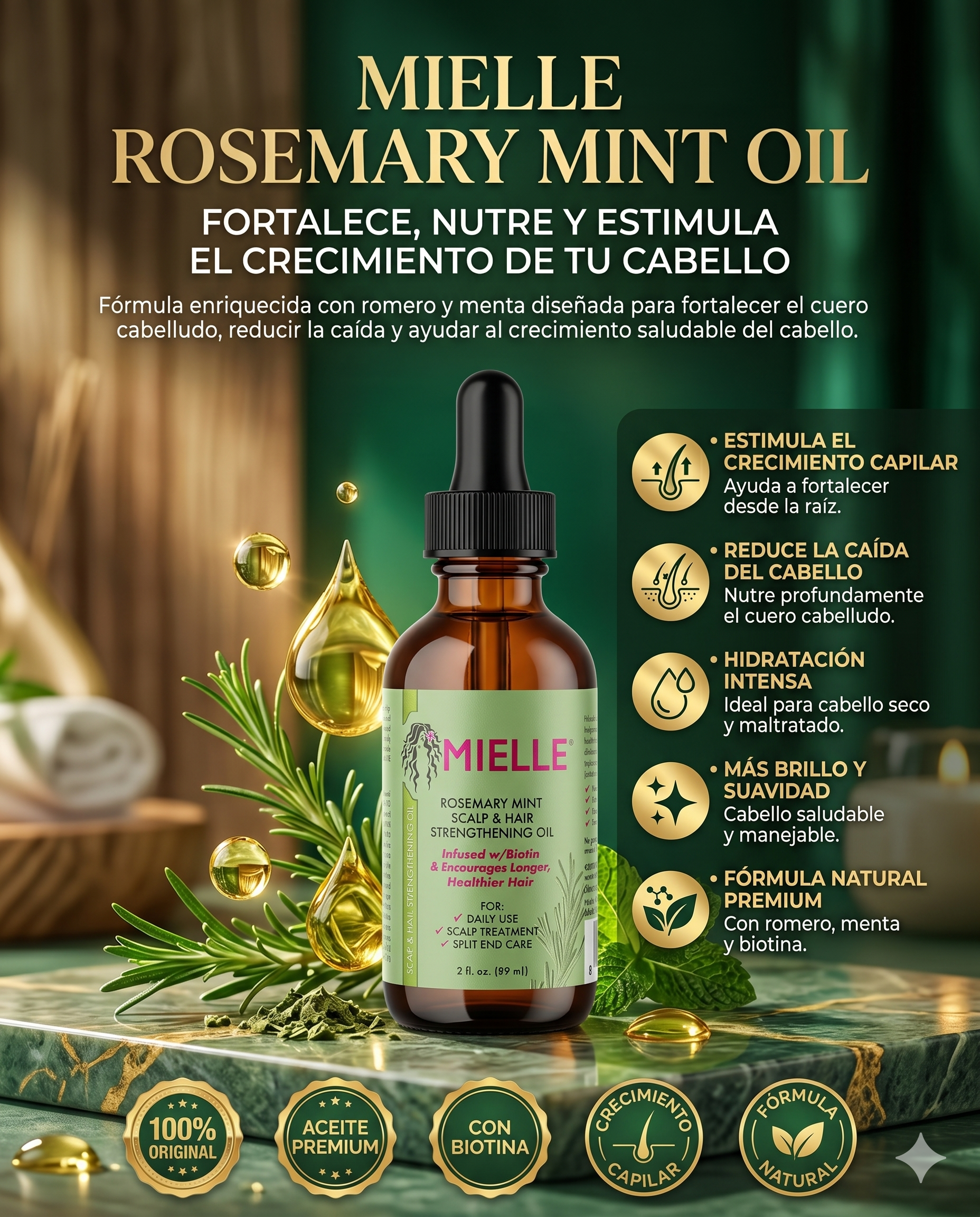 Mielle, Aceite para fortalecer el cuero cabelludo y el cabello, Romero y menta, 50 ml (2 oz. líq.)